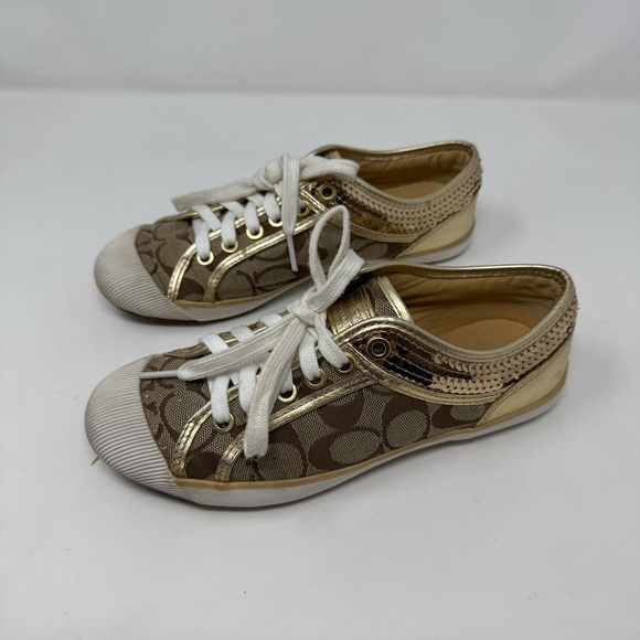 Coach Zorra Women’s Brown / Gold Sequin Monogram Lace Up Sequin Sneakers Sz. 6 M - Picture 1 of 13